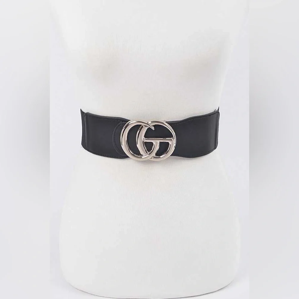 Oversized Metal Buckle Accented Elastic Statement Belt